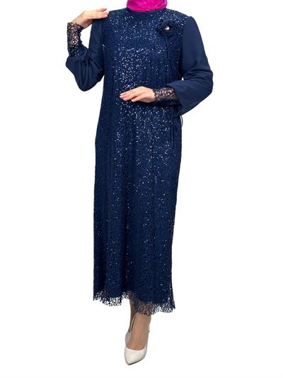 Dantelli Büyük Beden Abiye Elbise Lacivert OTW2517