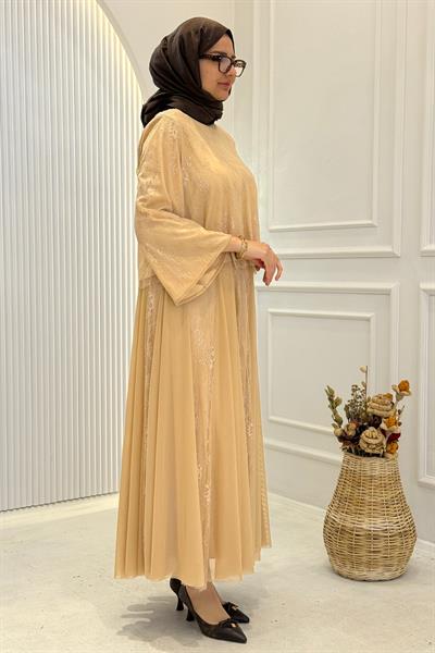 Dantelli Şifon Etekli Tesettür Takım Bej OTW8624