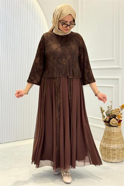 Dantelli Şifon Etekli Tesettür Takım Kahve OTW8624