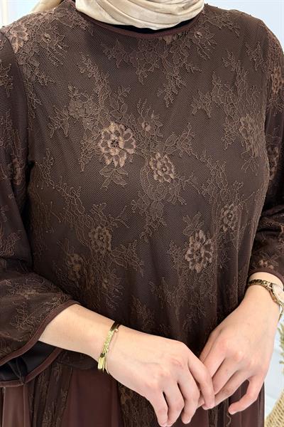 Dantelli Şifon Etekli Tesettür Takım Kahve OTW8624