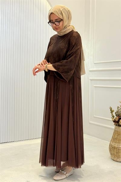 Dantelli Şifon Etekli Tesettür Takım Kahve OTW8624