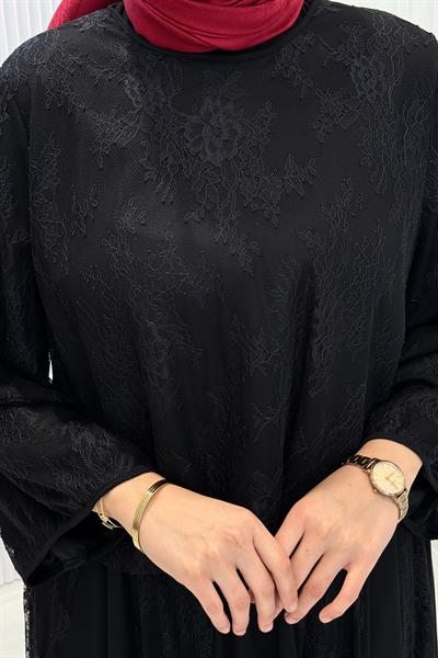 Dantelli Şifon Etekli Tesettür Takım Siyah OTW8624