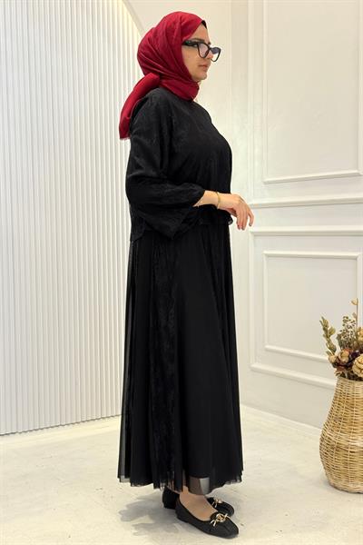 Dantelli Şifon Etekli Tesettür Takım Siyah OTW8624