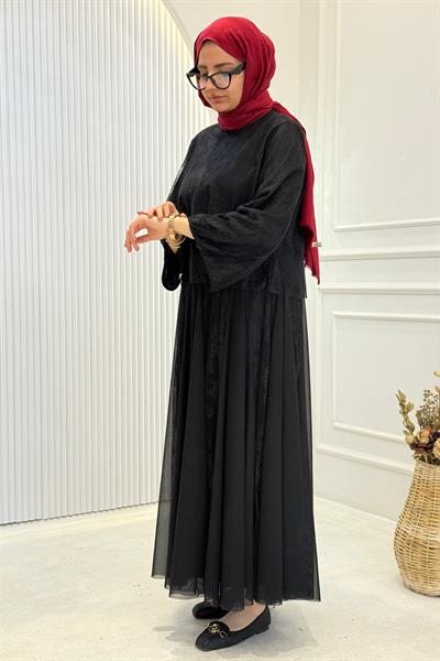 Dantelli Şifon Etekli Tesettür Takım Siyah OTW8624