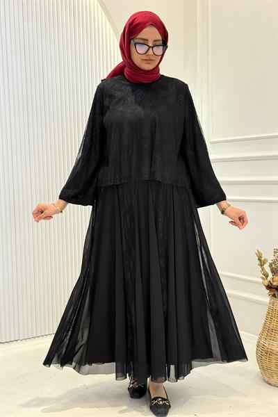 Dantelli Şifon Etekli Tesettür Takım Siyah OTW8624