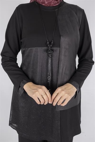 Deri Detaylı Pantolonlu Takım Siyah OTW1084