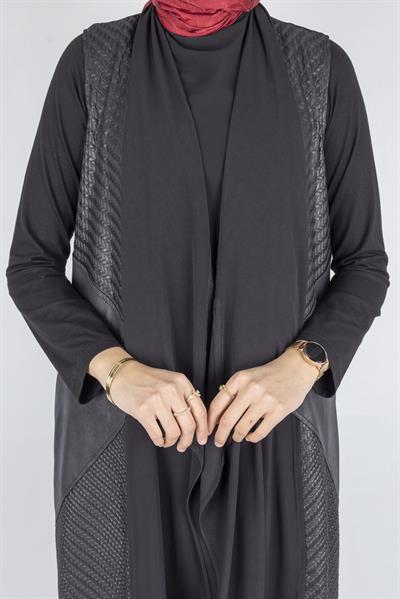 Deri Detaylı Uzun Yelek Siyah OTW25260