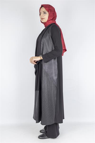 Deri Detaylı Uzun Yelek Siyah OTW25260