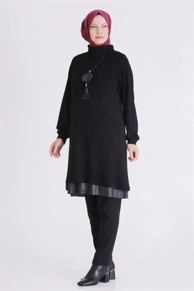 Deri Garnili Çizgili Dokulu Tunik Siyah OTW2063