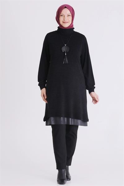 Deri Garnili Çizgili Dokulu Tunik Siyah OTW2063