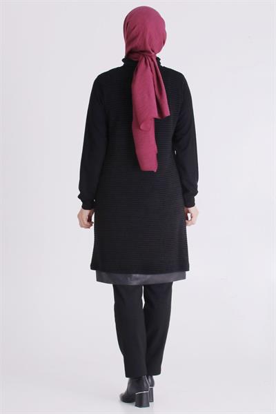 Deri Garnili Çizgili Dokulu Tunik Siyah OTW2063