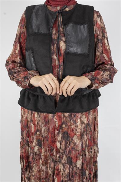 Deri Garnili Yelekli Modern Tasarım Elbise Kırmızı OTW6091