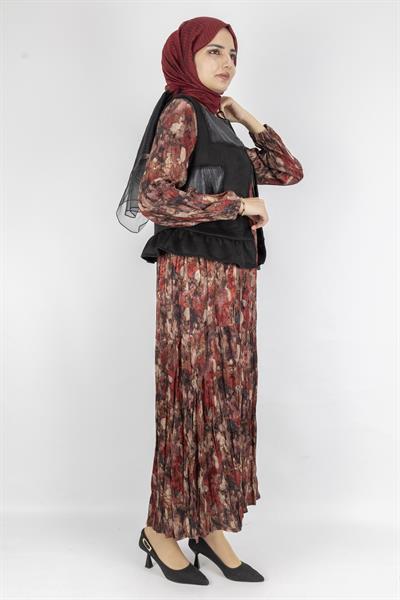 Deri Garnili Yelekli Modern Tasarım Elbise Kırmızı OTW6091