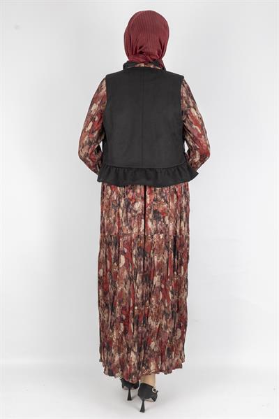 Deri Garnili Yelekli Modern Tasarım Elbise Kırmızı OTW6091