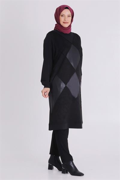 Deri Parçalı Büyük Beden Tesettür Tunik Siyah OTW20125