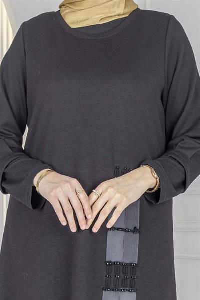 Deri Şerit Detaylı Büyük Beden Tesettür Elbise Siyah OTW1014