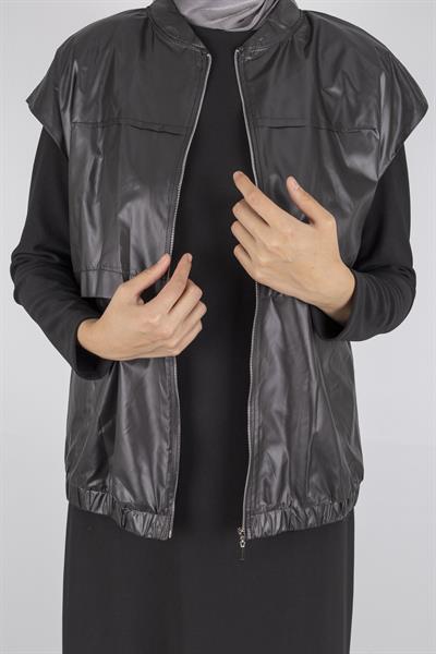 Deri Yelekli Tesettür Elbise Siyah OTW7260