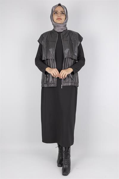 Deri Yelekli Tesettür Elbise Siyah OTW7260
