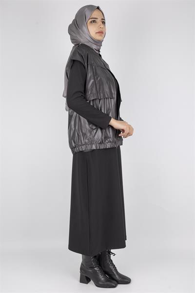 Deri Yelekli Tesettür Elbise Siyah OTW7260
