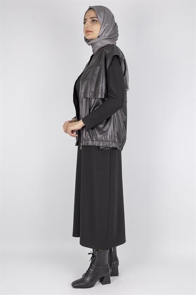 Deri Yelekli Tesettür Elbise Siyah OTW7260