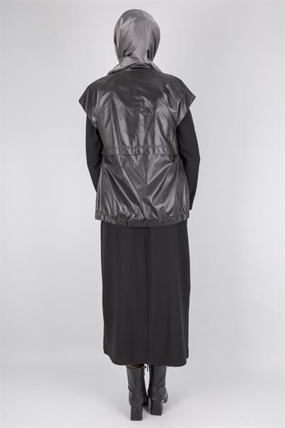 Deri Yelekli Tesettür Elbise Siyah OTW7260