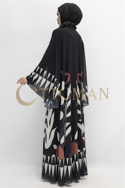 Desenli Büyük Beden Şifon Elbise Siyah-Bej OTW168