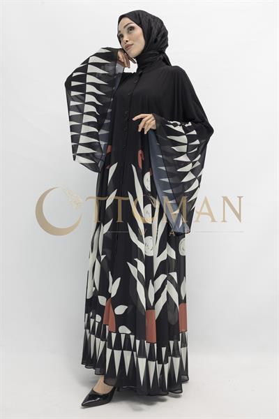 Desenli Büyük Beden Şifon Elbise Siyah-Bej OTW168