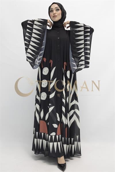 Desenli Büyük Beden Şifon Elbise Siyah-Bej OTW168