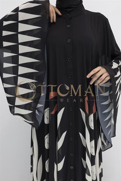 Desenli Büyük Beden Şifon Elbise Siyah-Bej OTW168