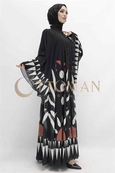 Desenli Büyük Beden Şifon Elbise Siyah-Bej OTW168