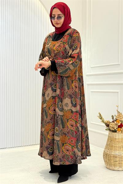 Desenli Büyük Beden Tesettür Elbise Desenli OTW3670