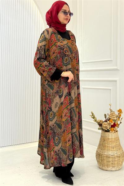 Desenli Büyük Beden Tesettür Elbise Desenli OTW3670