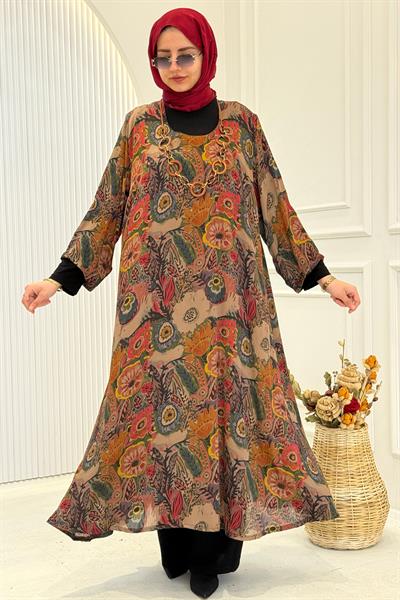 Desenli Büyük Beden Tesettür Elbise Desenli OTW3670