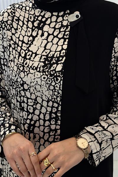 Desenli Büyük Beden Tesettür Elbise Siyah OTW4930