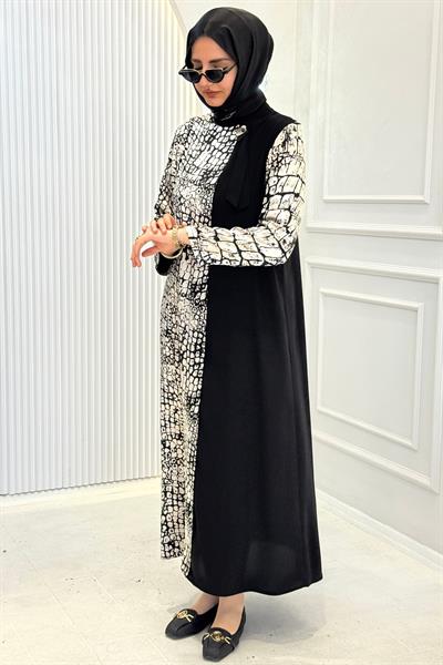 Desenli Büyük Beden Tesettür Elbise Siyah OTW4930