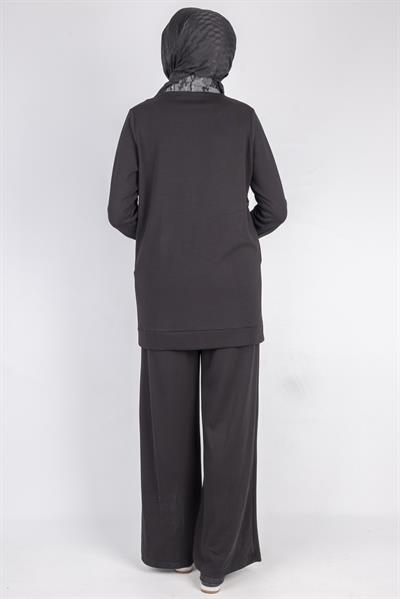 Desenli Fermuarlı Cep Detaylı Tesettür İkili Takım Siyah OTW2653