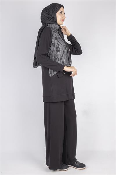 Desenli Fermuarlı Cep Detaylı Tesettür İkili Takım Siyah OTW2653