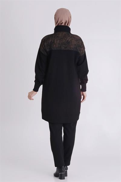 Desenli Fermuarlı Tesettür Kap Siyah-Bakır OTW25131