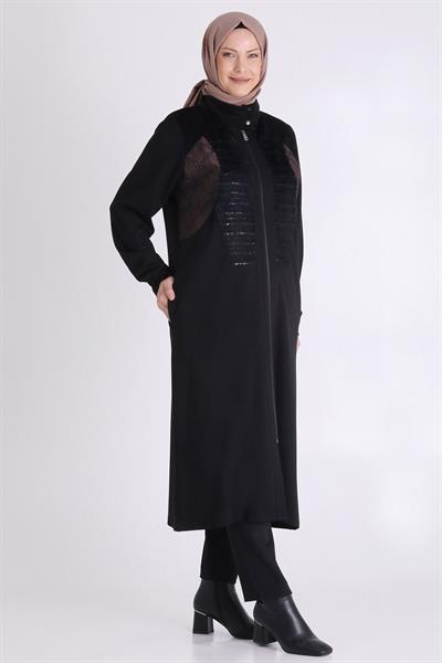 Desenli Kadife Detaylı Tesettür Kap Siyah OTW25136