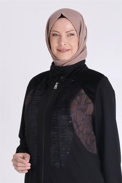 Desenli Kadife Detaylı Tesettür Kap Siyah OTW25136