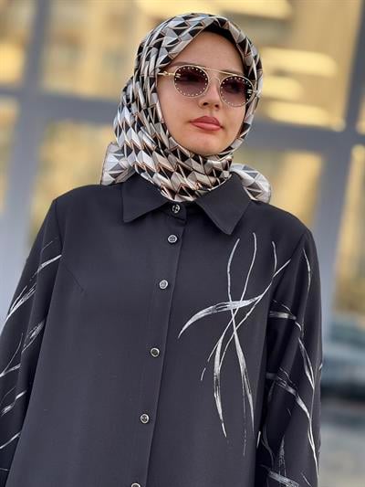 Desenli Krep Tesettür Tunik Siyah OTW2169