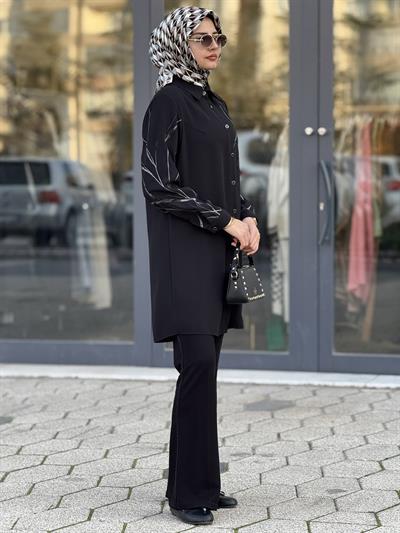 Desenli Krep Tesettür Tunik Siyah OTW2169