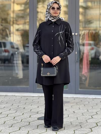 Desenli Krep Tesettür Tunik Siyah OTW2169