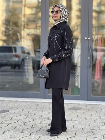 Desenli Krep Tesettür Tunik Siyah OTW2169