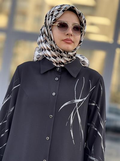 Desenli Krep Tesettür Tunik Siyah OTW2169