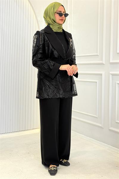 Desenli Organze Ceketli İçlik Pantolon Üçlü Takım Siyah OTW45815