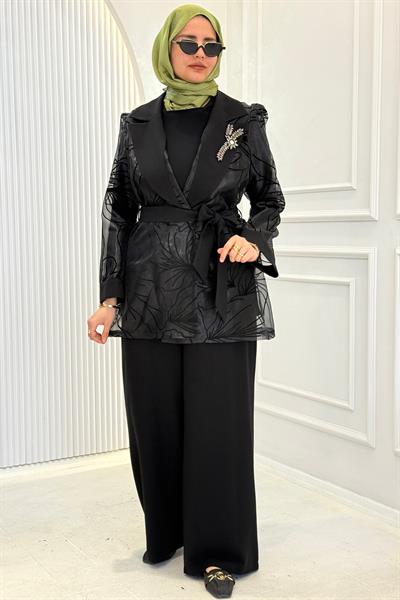 Desenli Organze Ceketli İçlik Pantolon Üçlü Takım Siyah OTW45815