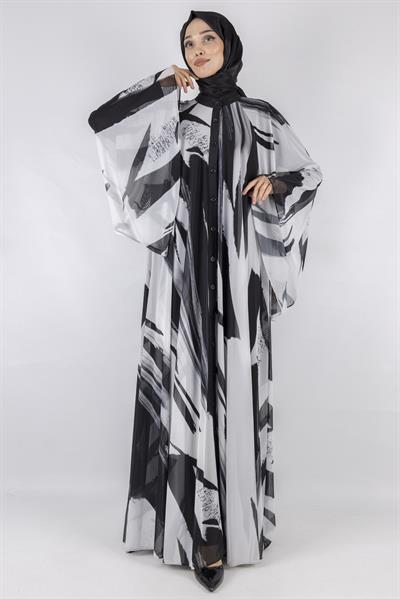 Desenli Şık Hafif Tül Elbise  Siyah-Beyaz OTW394