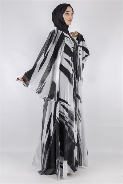 Desenli Şık Hafif Tül Elbise  Siyah-Beyaz OTW394