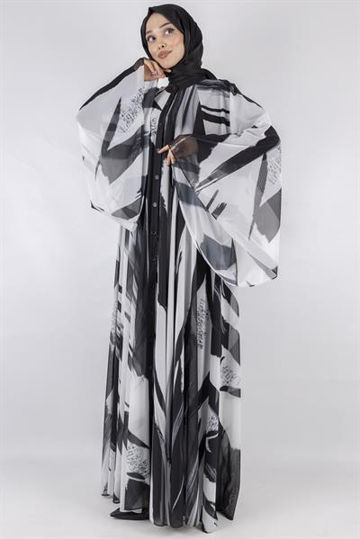 Desenli Şık Hafif Tül Elbise  Siyah-Beyaz OTW394